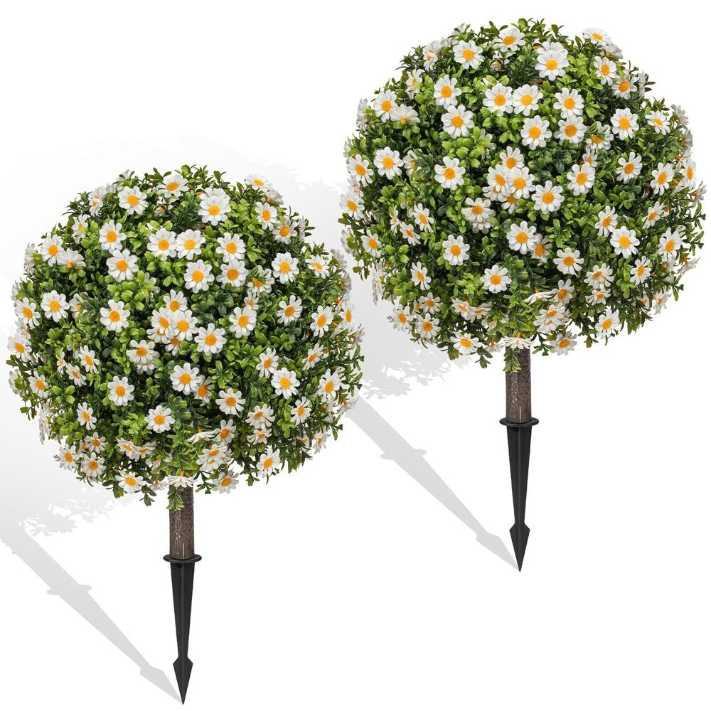 7268 Set of 2 Artificial Topiary Ball Trees with White Mum, Faux Boxwoods